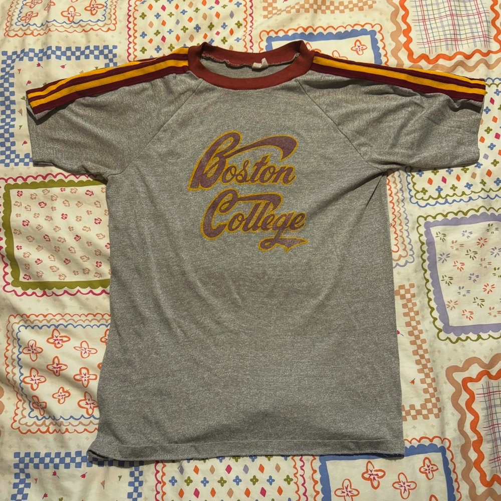 Boston College Vintage 70s Gray Tee with Striped Sleeves